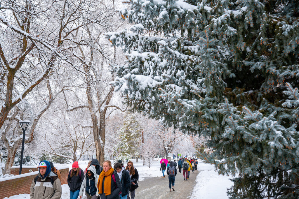 Students bundled in warm clothing walking on a campus walkway on a snowy winter day.