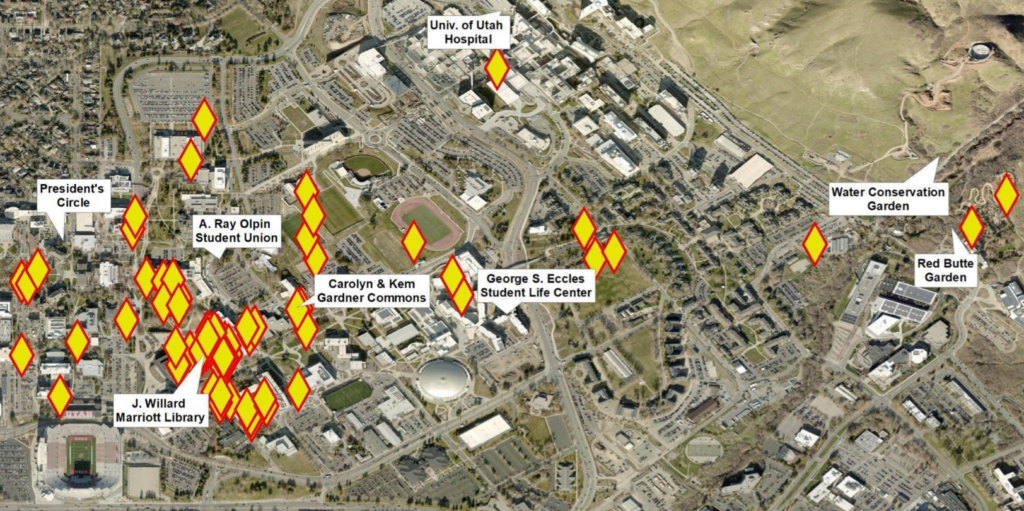 aerial photo of campus showing places where survey participants most prefer to spend time.