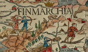 Section of an ancient map depicts peoplehunting on skis, their bows drawn in the act of shooting.